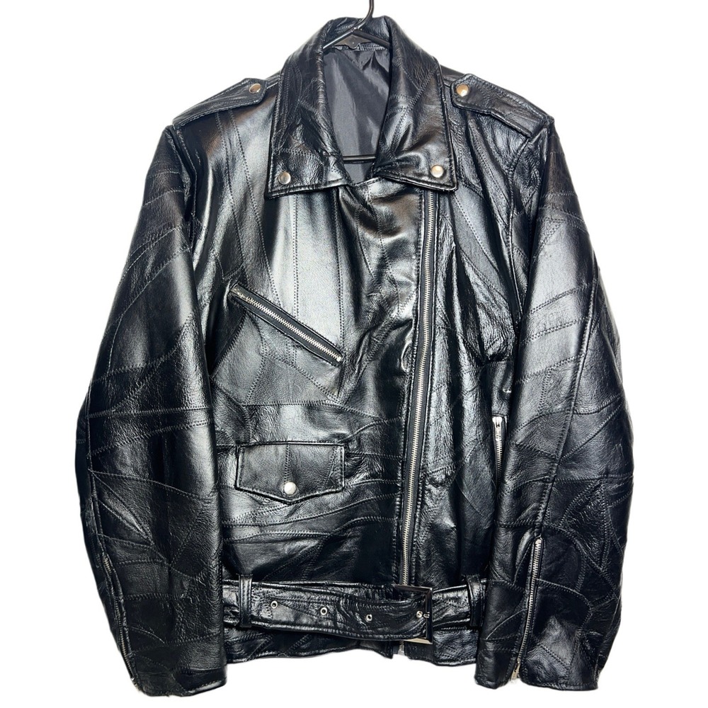Vintage Leather Biker Jacket Eagle USA Mens L Black Patchwork 90s